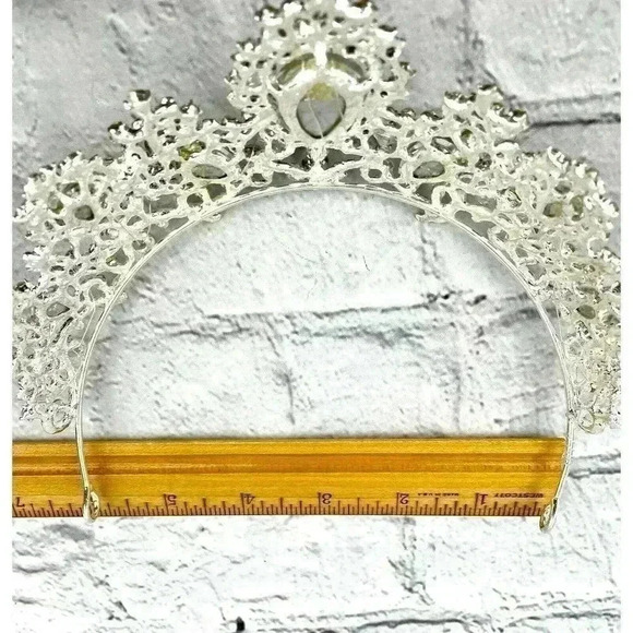 Clear Rhinestone Silver Tone Metal Tiara Crown Pearl Beaded Floral - Picture 3 of 16